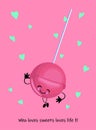 Cute chupachups character on a pink background. lollipop with strawberry or cherry