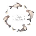 Cute circle frame watercolor swimming seal, pinniped. Kawaii illustration for children prints.