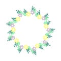 Cute circle wreath with simple colorful pastel flowers and leaves. Delicate floral frame on white background.Vector illustration Royalty Free Stock Photo