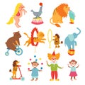 Cute circus animals and funny clowns collection vector illustration. Royalty Free Stock Photo