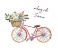 Cute city bicycle with floral basket, hand drawn watercolor illustration. Summer vacation vibes, wildflowers bouquet