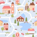 Cute city houses seamless pattern, cartoon funny map cityscape with small buildings