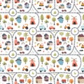 Cute city map Seamless Pattern, Cartoon town landscape background, vector Illustration Royalty Free Stock Photo