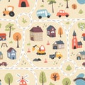 Cute city map Seamless Pattern, Cartoon town landscape background, vector Illustration Royalty Free Stock Photo