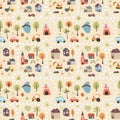 Cute city map Seamless Pattern, Cartoon town landscape background, vector Illustration Royalty Free Stock Photo