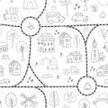 Cute city map Seamless Pattern, Cartoon town landscape background, vector Illustration Royalty Free Stock Photo