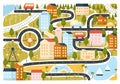 Cute city map, town or village plan with infrastructure, roads with transport, buildings