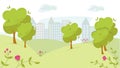 Cute cityscape with trees and flowers. Silhouettes of houses on the background of the suburbs vector illustration. Flat cartoon Royalty Free Stock Photo