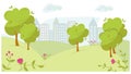 Cute cityscape with trees and flowers. Silhouettes of houses on the background of the suburbs vector illustration. Flat Royalty Free Stock Photo