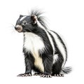 Cute classic black with white stripe young skunk aka Mephitis mephitis, walking side ways. Head up looking straight