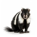 Cute classic black with white stripe young skunk aka Mephitis mephitis, walking side ways. Head up looking straight