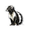 Cute classic black with white stripe young skunk aka Mephitis mephitis, walking side ways. Head up looking straight