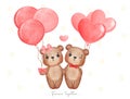 Cute classic couple brown teddy bears, boy and girl hold hand with heart shape balloons Happy Valentine, adorable cartoon Royalty Free Stock Photo