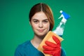 cute cleaning lady rubber gloves detergents green background