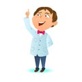 Cute clever kid, a boy scientist index finger up. Clever boy got the idea. Cartoon character, mascot Royalty Free Stock Photo