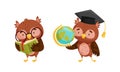 Cute clever owls set. Owlets holding Earth globe and book cartoon vector illustration