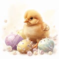 cute clipart of a little baby easter chick between easter eggs with diamonds and pearls Royalty Free Stock Photo