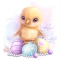 cute clipart of a little baby easter chick between easter eggs with diamonds and pearls Royalty Free Stock Photo