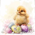 cute clipart of a little baby easter chick between easter eggs with diamonds and pearls Royalty Free Stock Photo