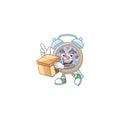 Cute clock love cartoon character having a box