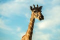 A cute close up portrait of a giraffe face, head and neck