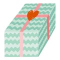 Cute closed gift box with ribbon, bow and sticker. Present for birthday, wedding, Christmas, holiday, shopping. Stylized