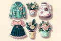 cute clothes and flowers stickers. Created with Generative AI technology.