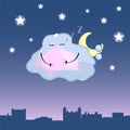 Cute cloud character cartoon illustration. Sleepy cloud above retro town rooftop.