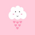 Cute cloud with eyes, smile and blush and raindrops in the shape of hearts.