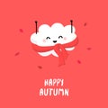 Cute cloud raises hands up and smiles. Happy Autumn. Vector cartoon card Royalty Free Stock Photo