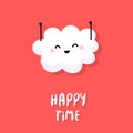 Cute cloud raises hands up and smiles on red background.