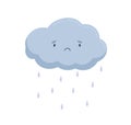 Cute cloud with sad face and falling rain drops. Rainy weather icon with raindrops. Funny baby character. Childish