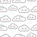 Cute cloud sleepy face white seamless baby vector pattern.