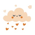 A cute cloud with a smile and closed eyes, daisies, and rain falling from a heart. Flat vector illustration. Royalty Free Stock Photo