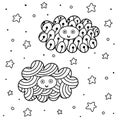 Cute clouds characters in the sky coloring page. Fantasy background for coloring book Royalty Free Stock Photo