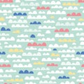 Cute Clouds Nursery Vector Seamless Pattern. Pink, Yellow, Blue and White Clouds on Mint Background. Baby Kids Print