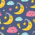 Cute clouds pattern. Sleep cloud and moon, kid sleeping cloth print. Scandinavian sleepy style baby background, sweet