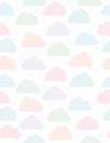 Cute Clouds Vector Pattern. White Background. Pink, Blue, Violet and Green Clouds and Dots. Simple Soft Seamless Design. Royalty Free Stock Photo