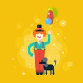 Circus. Happy clown with balloons and dog.