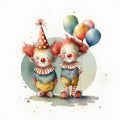 Cute clowns with balloons. Watercolor illustration on white background.