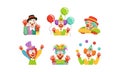 Cute Clowns Collection, Cheerful Circus Cartoon Characters with Funny Faces, Birthday or Carnival Party Design Element