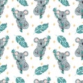 Cute coala doodle hand drawn flat seamless pattern. Cartoon abstract animal in scandinavian style. Wild rainforest animal. Grass