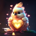 Cute Cockatiel hugging heart Cute little chick with heart and wings on a dark background. AI Generated Royalty Free Stock Photo