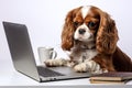 Cute Cocker Spaniel dog Dog working on office laptop with a tea in an isolated white studio background