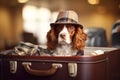 Cute cocker spaniel in a hat sitting in a suitcase waiting for a ride. Generative AI