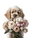 Cute cocker spaniel puppy dog with a bouquet of pink flowers for Mothers day or birthday present.