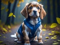Cute cocker spaniel puppy wearing blue dress in the forest. Dog vacation relax concept. Hiking. Generative Ai