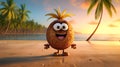 Cute coconut on the beach at sunset 3d render illustration. Royalty Free Stock Photo