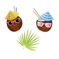 Cute coconuts in sunglasses and palm leaf. Cartoon summer characters. Vector illustration on white. Perfect as a design element