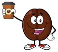 Cute Coffee Bean Cartoon Mascot Character Holding Up A Coffee Cup Royalty Free Stock Photo